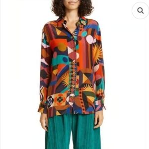 Farm Rio Tropical Shapes Multicolor Long-Sleeve Blouse Top Anthropologie Size XS